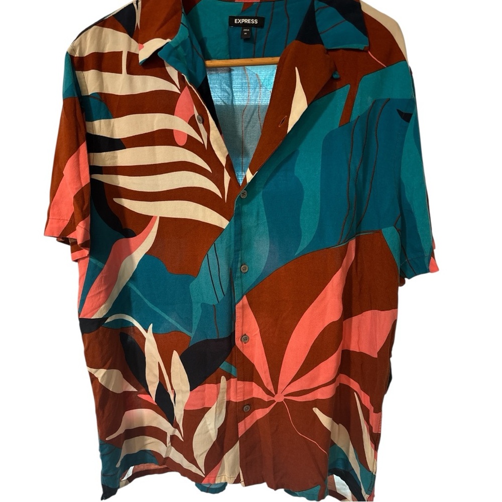 Express Men's Teal and Coral Leaf Print Shirt
